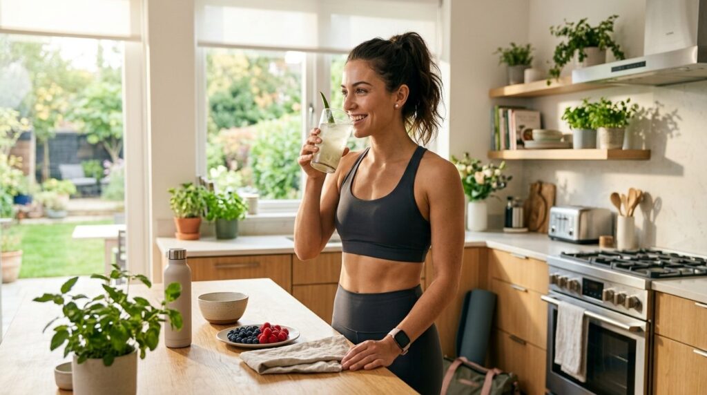 Athletic woman in fitness wear drinking aloe vera juice from