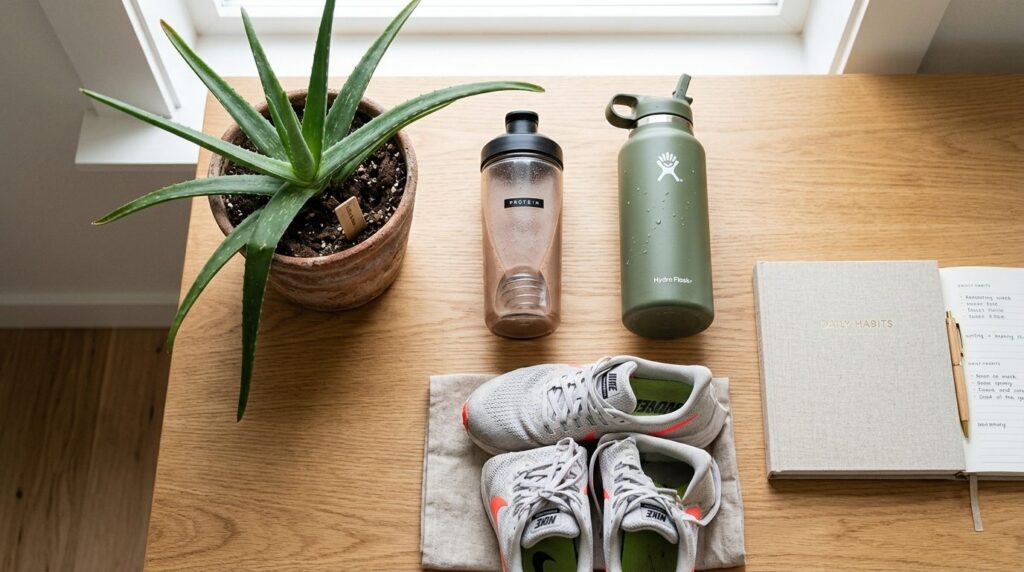 Flat-lay professional lifestyle photography, 16:9 aspect rat