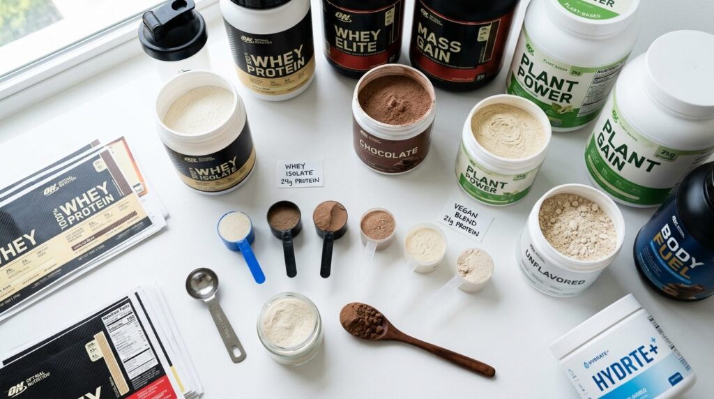 Close-up flat lay of various protein powder scoops and conta