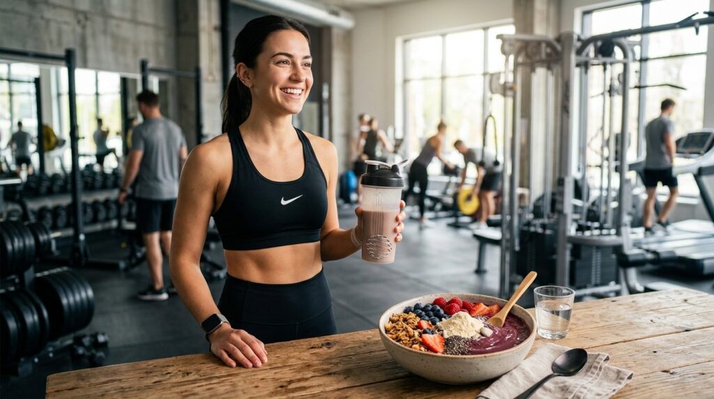 Active lifestyle scene of athletic person holding protein sh