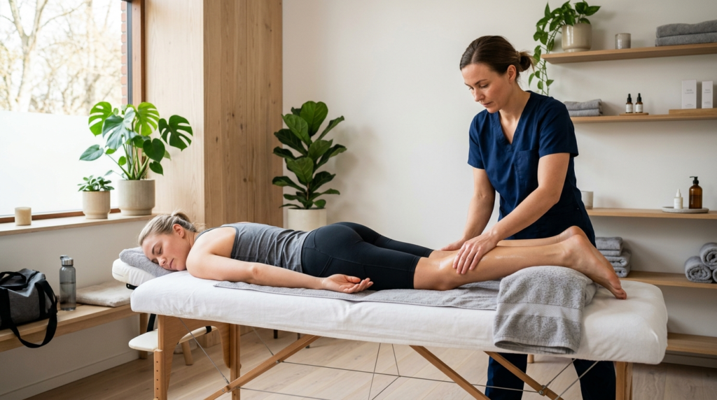 Active young woman athlete receiving a sports massage on her