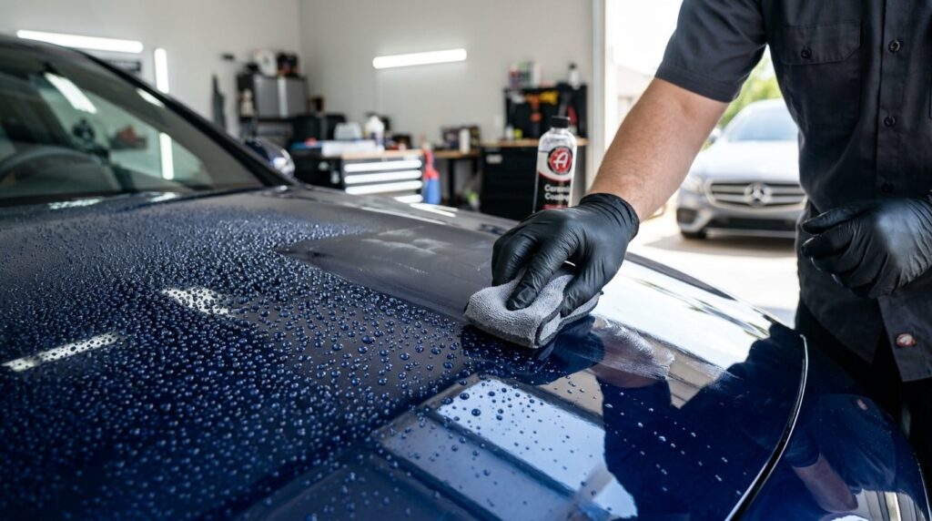 Close-up of meticulous car paint protection process: hands a