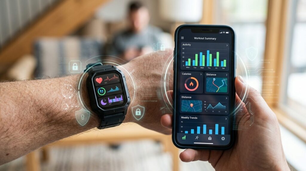 Realistic close-up photograph of a fitness tracker and smart