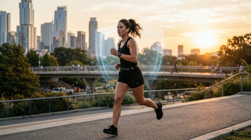 Photorealistic image of a young athlete wearing smartwatch a