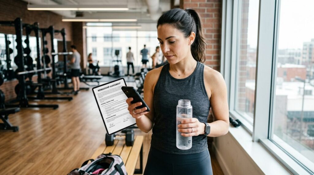 Active lifestyle professional reviewing fitness contract doc