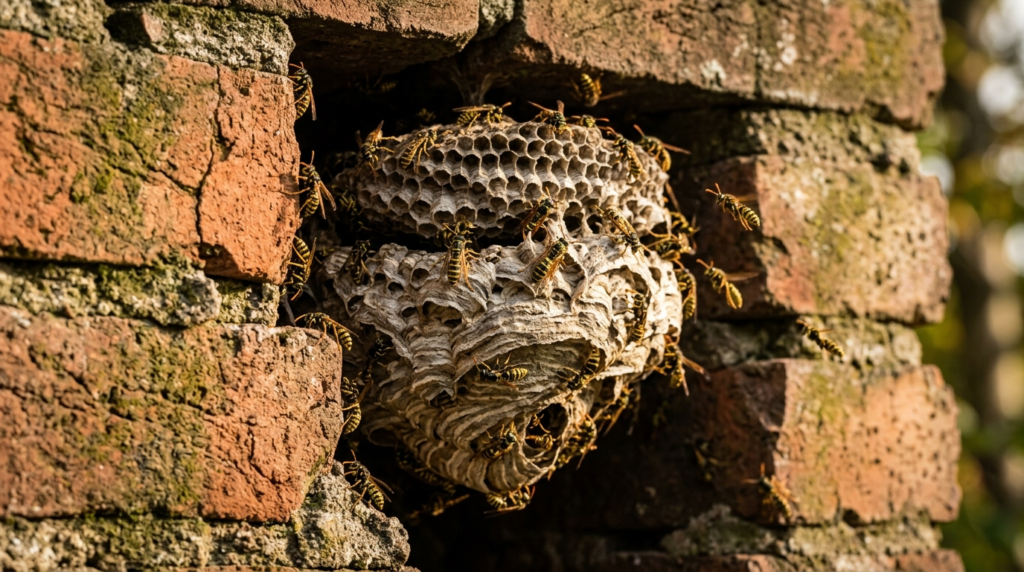 Close-up of a dangerous wasp nest built inside a hollow bric