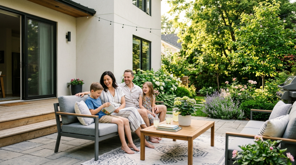 Active family enjoying their backyard patio in summer sunlig