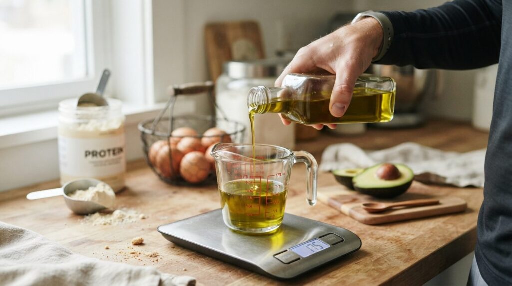 Close-up of an athletic male hand pouring golden olive oil f