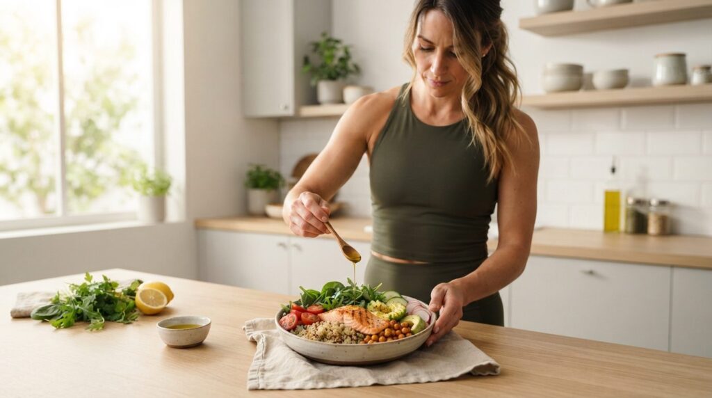 Fit woman in athletic wear preparing a healthy bowl with gri