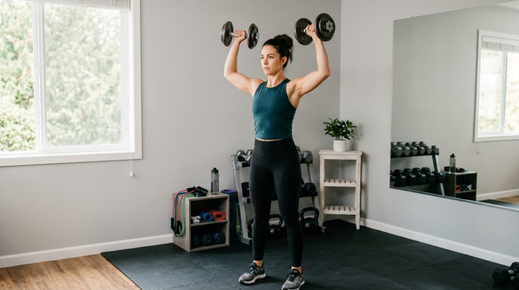 Fit adult woman performing a dumbbell shoulder press exercis