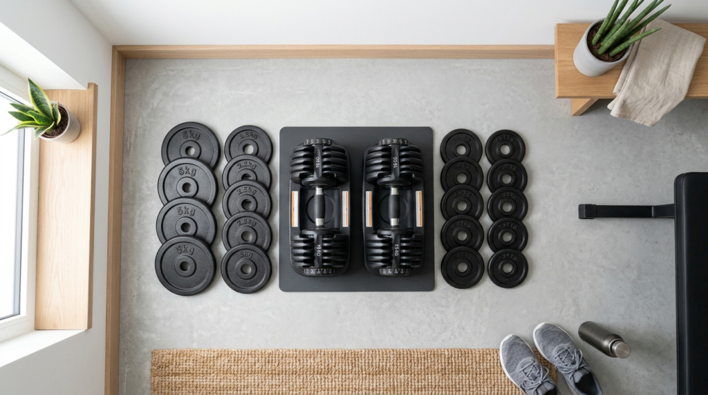 Overhead flat lay view of adjustable dumbbells set with weig