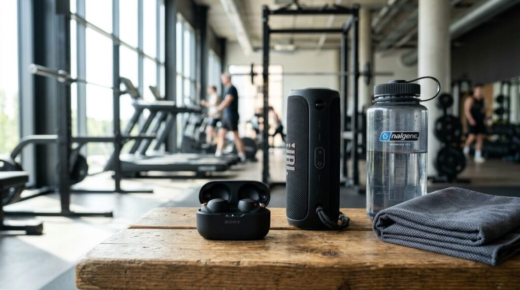 Close-up of professional wireless earbuds and portable bluet