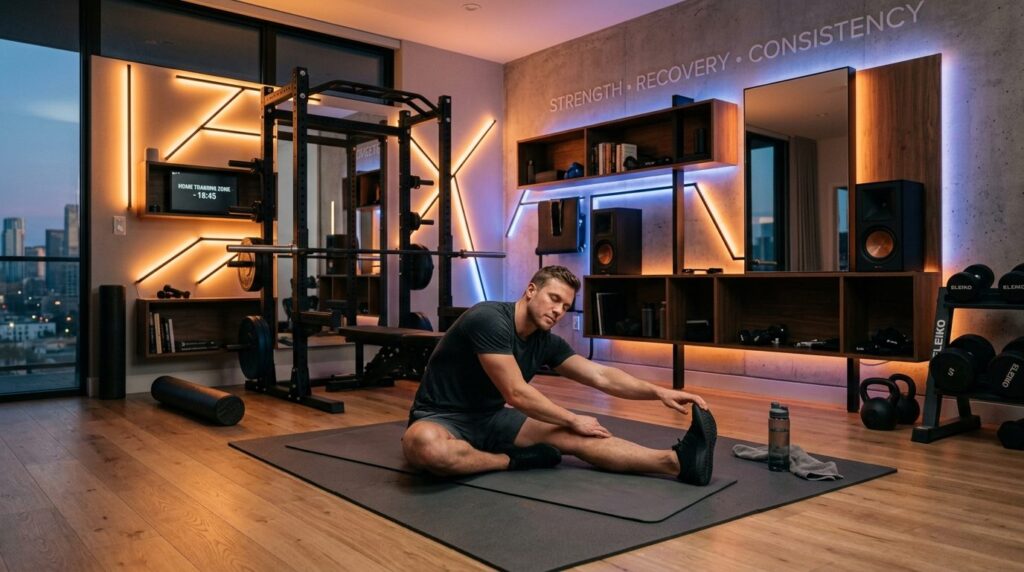Modern home training zone with wall-mounted LED light strips