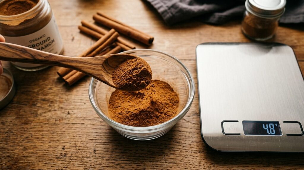 Close-up overhead shot of premium ground cinnamon powder bei