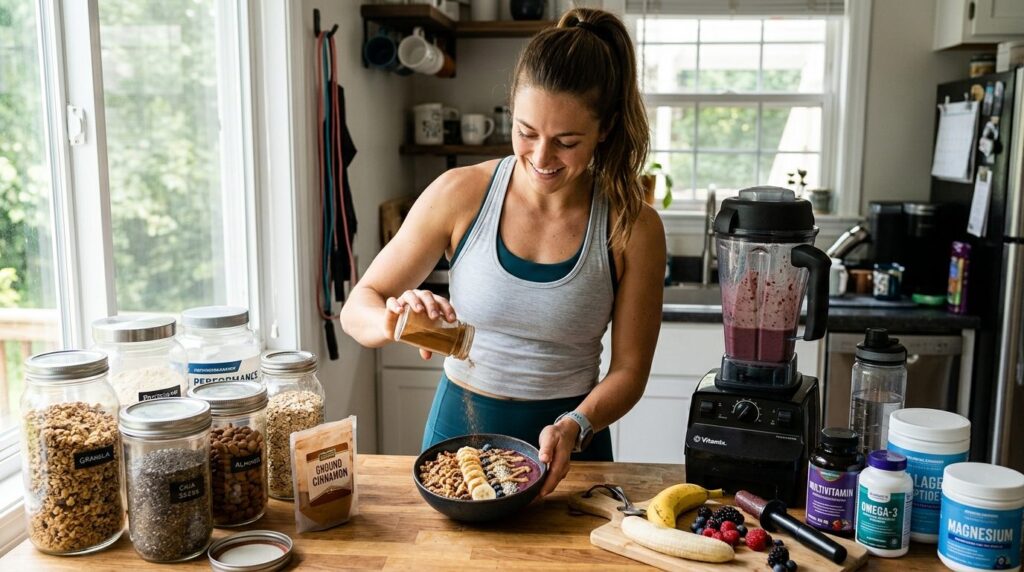 Fit person in athletic wear preparing a healthy smoothie bow