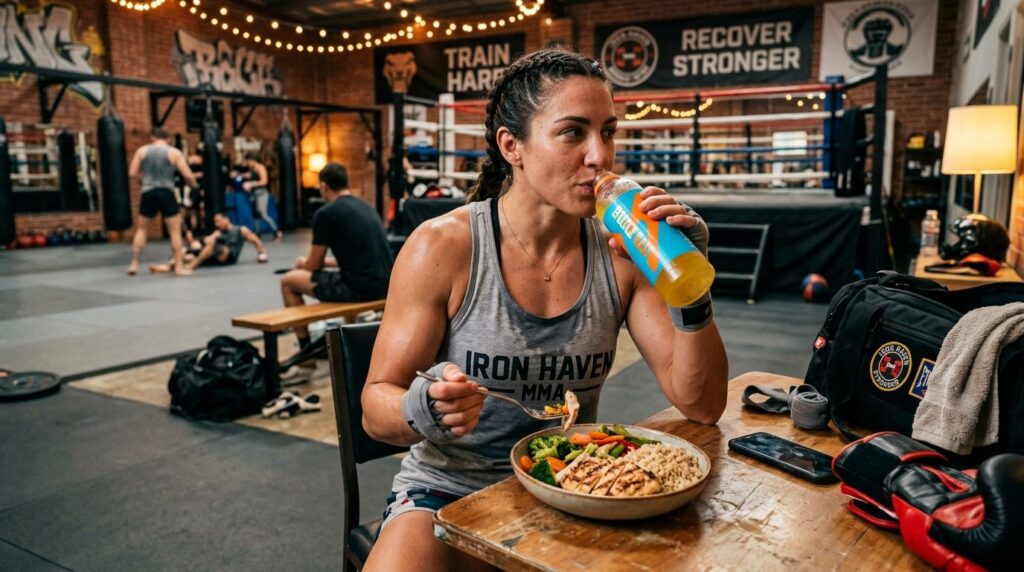 Photorealistic image of a fit fighter sitting in recovery ar
