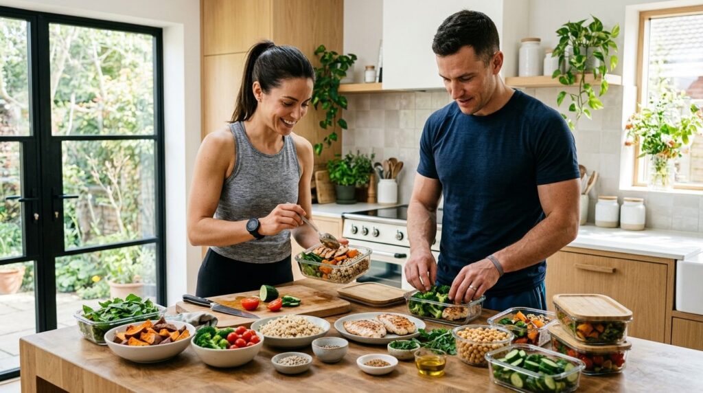 Fotorealistic image of an athletic couple doing meal prep in
