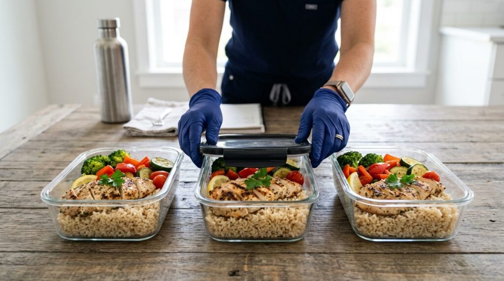 Close-up of nutritious meal prep containers with grilled chi