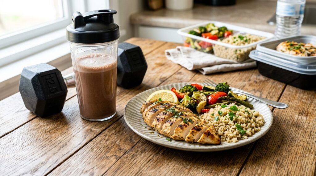 Close-up lifestyle photograph of a healthy meal prep scene w