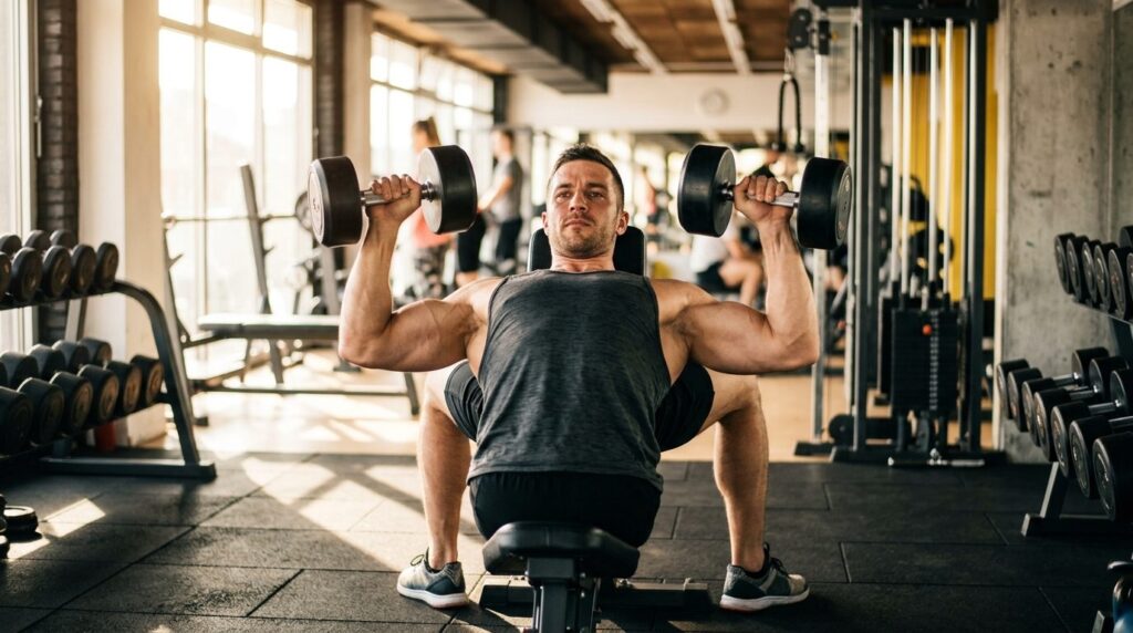 Athletic man in 30s performing dumbbell bench press in a bri