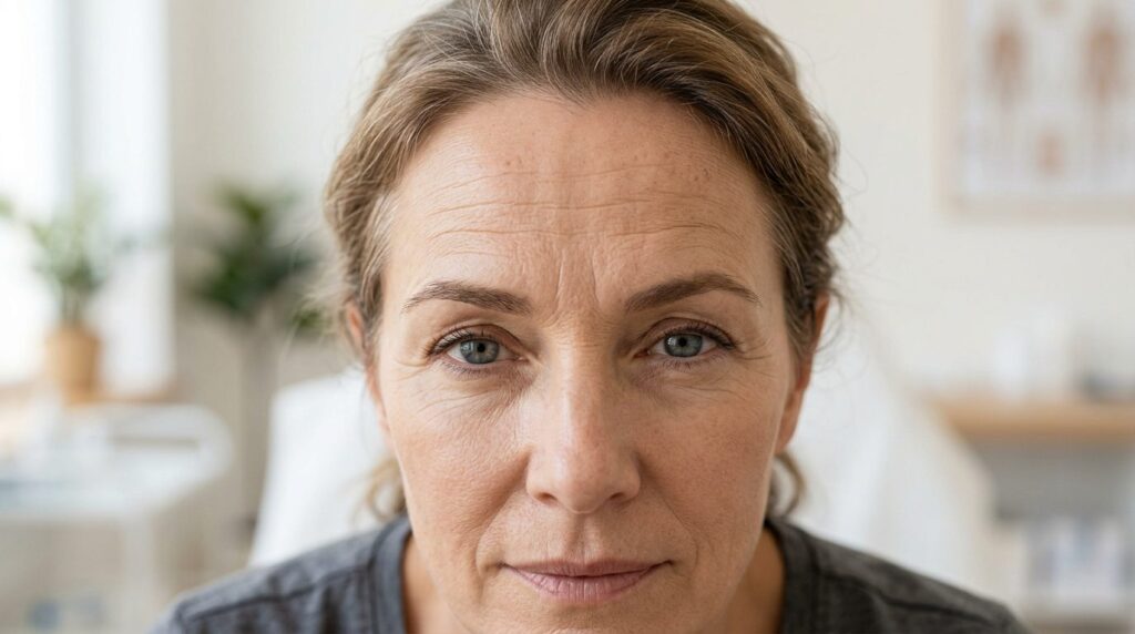 Close-up photorealistic image of a womans forehead showing 