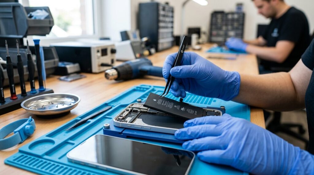 Close-up shot of skilled technician hands replacing iPhone b