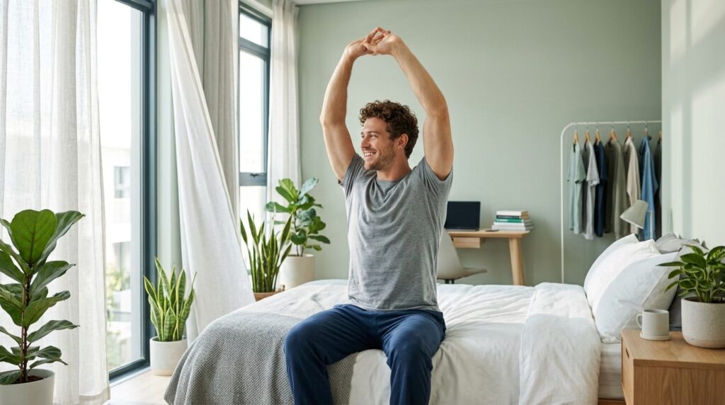 Active athletic man waking up refreshed in bright morning li