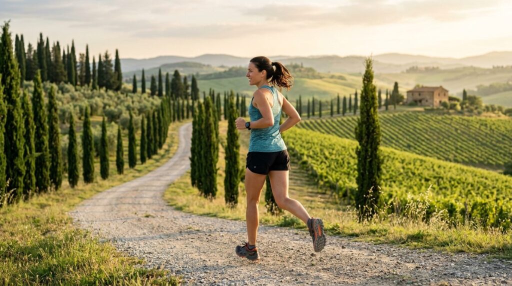 Photorealistic image of a woman jogging on a scenic Tuscan c