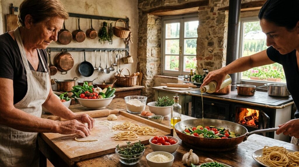 Photorealistic shot of a farm-to-table meal being prepared i