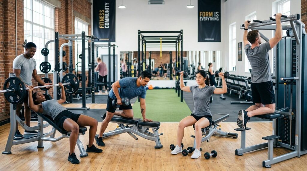 Motivational fitness studio photograph: A diverse group of f