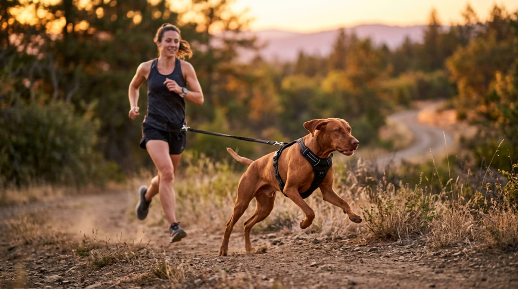 Active dog athlete in motion running alongside human runner 