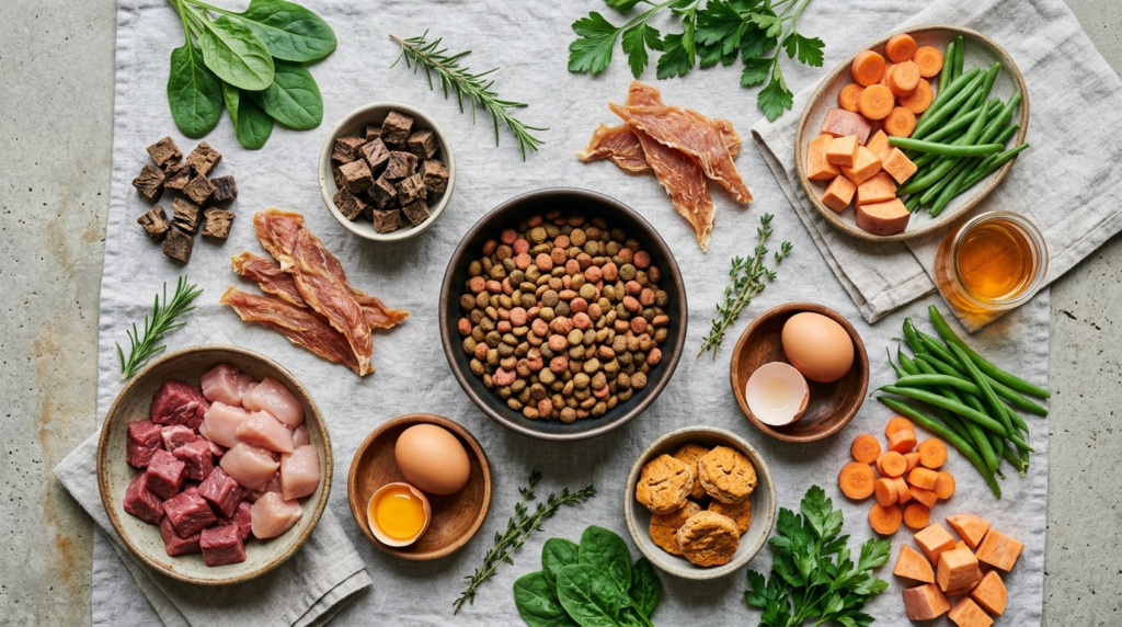 Close-up overhead flat lay of premium natural dog treats and