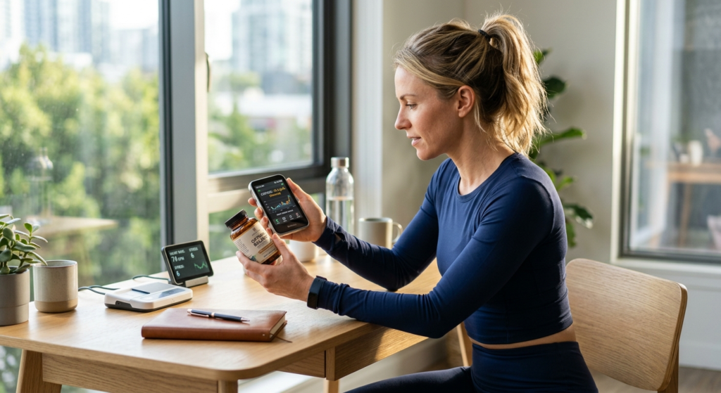 Close-up of fit woman checking cortisol levels on advanced h