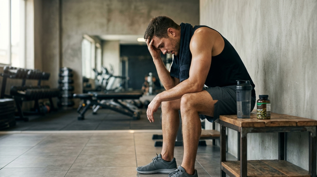 Athletic man looking exhausted after workout, sitting in rec