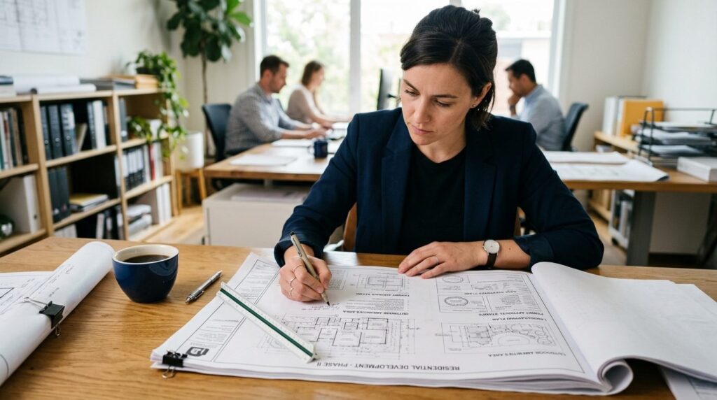 Close-up of an architect reviewing building permits and blue
